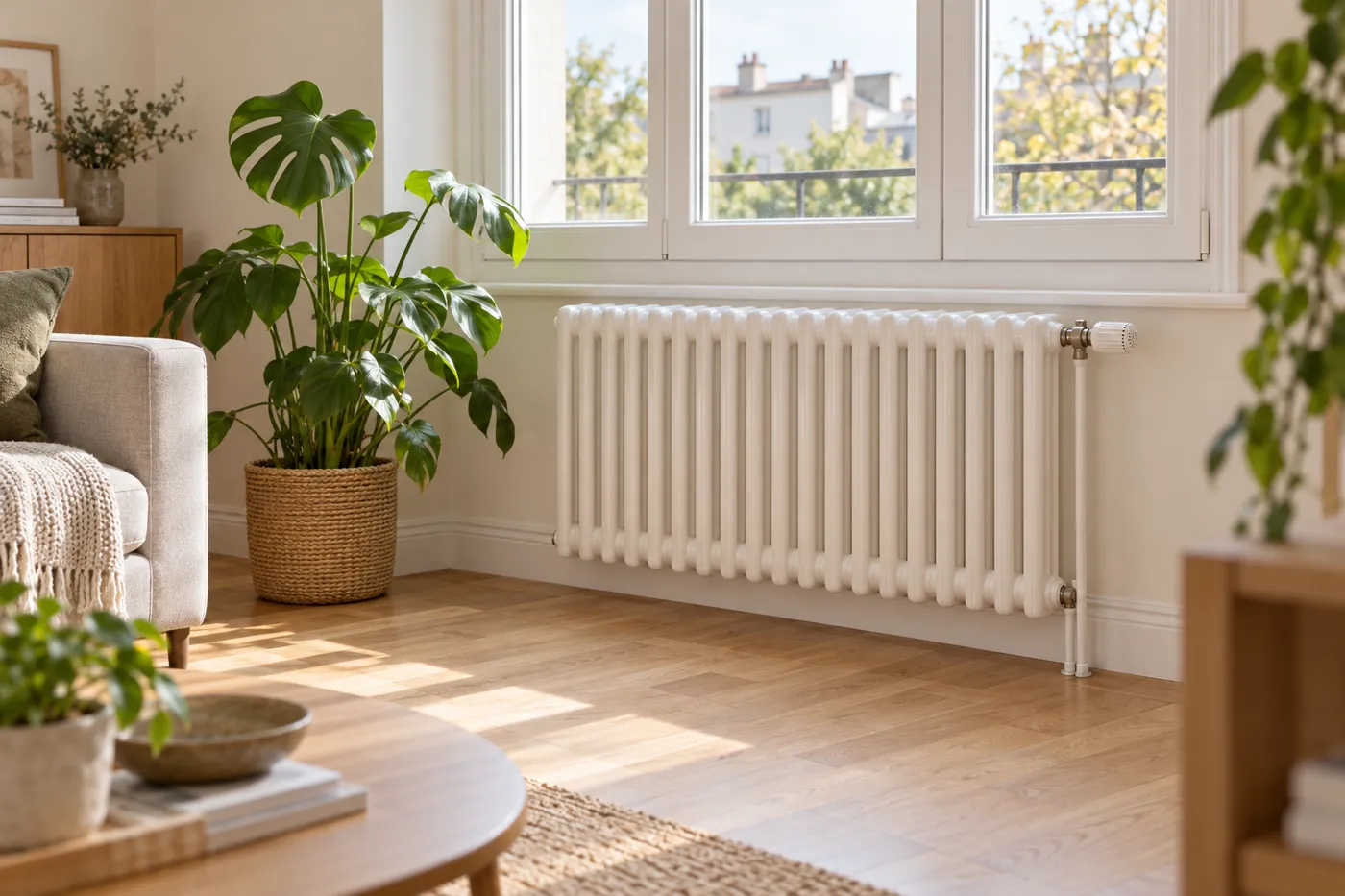 Radiateur blanc à colonnes avec tête thermostatique sous la fenêtre d'un séjour lumineux